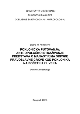 Antropološko Istraživanje Predstava O Manastirima Srpske Pravoslavne Crkve Kod Poklonika Na Početku 21