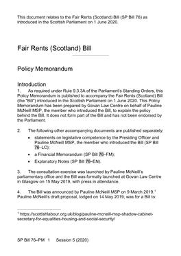 Fair Rents (Scotland) Bill (SP Bill 76) As Introduced in the Scottish Parliament on 1 June 2020