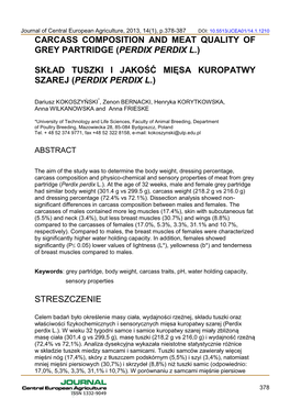 Carcass Composition and Meat Quality of Grey Partridge (Perdix Perdix L.)