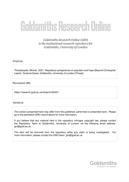 Theodosiadis, Michail. 2021. Republican Perspectives on Populism and Hope (Beyond Christopher Lasch)