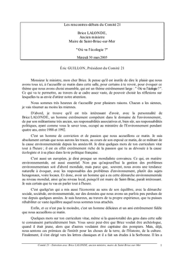 Les Rencontres-Débats Du Comité 21 Brice LALONDE, Ancien Ministre