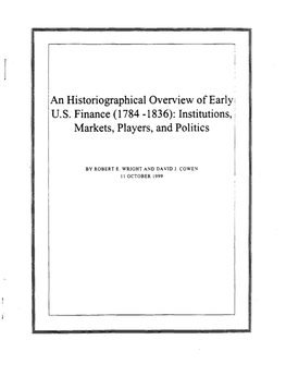 An Historiographical Overview of Early: U.S. Finance (1784