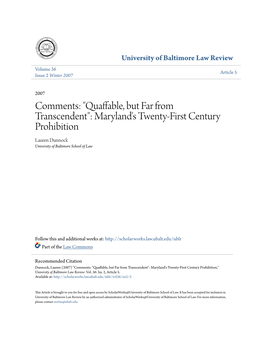 Maryland's Twenty-First Century Prohibition Lauren Dunnock University of Baltimore School of Law