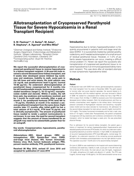 Allotransplantation of Cryopreserved Parathyroid Tissue for Severe Hypocalcemia in a Renal Transplant Recipient