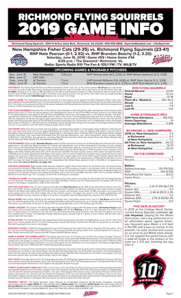 New Hampshire Fisher Cats (29-35) Vs. Richmond Flying Squirrels (23-41) RHP Nate Pearson (0-1, 2.92) Vs