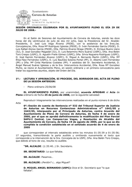 Sesión Ordinaria Celebrada Por El Ayuntamiento Pleno El Día 29 De Julio De 2008