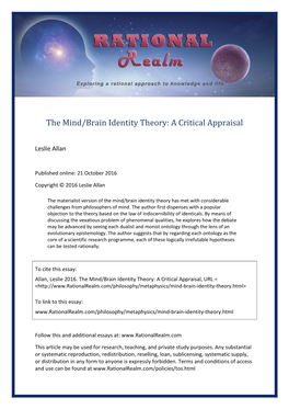 The Mind/Brain Identity Theory: a Critical Appraisal