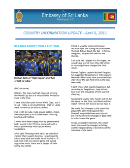 EMBEMBEMBASSY of SRI LANKA COUNTRY INFORMATION UPDATE - April 6, 2011