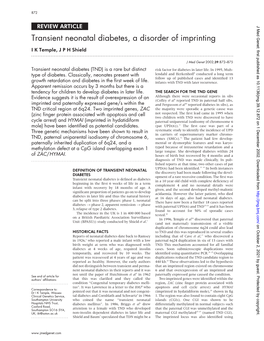 Transient Neonatal Diabetes, a Disorder of Imprinting I K Temple,Jphshield