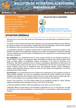 Bulletin De Situation Acridienne Madagascar. N°26. Avril 2016