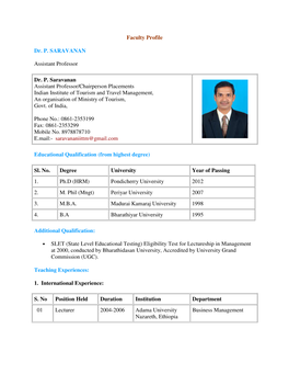 Faculty Profile Dr. P. SARAVANAN Assistant Professor Dr. P