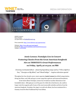 Annie Lennox: Nostalgia Live in Concert Featuring Classics from the Great American Songbook Airs on THIRTEEN’S Great Performances on Friday, April 3 at 10 P.M