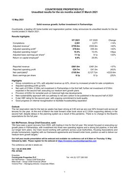 COUNTRYSIDE PROPERTIES PLC Unaudited Results for the Six Months Ended 31 March 2021