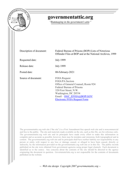 Federal Bureau of Prisons (BOP) Lists of Notorious Offender Files at BOP and at the National Archives, 1999