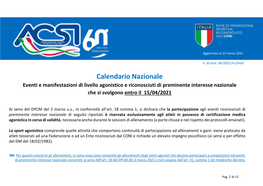 Calendario Nazionale Eventi E Manifestazioni Di Livello Agonistico E Riconosciuti Di Preminente Interesse Nazionale Che Si Svolgono Entro Il 15/04/2021