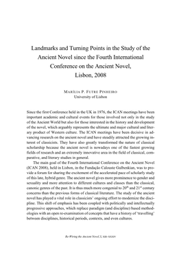 Landmarks and Turning Points in the Study of the Ancient Novel Since the Fourth International Conference on the Ancient Novel, Lisbon, 2008