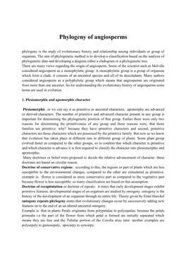 Phylogeny of Angiosperms Phylogeny Is the Study of Evolutionary History and Relationship Among Individuals Or Group of Organism