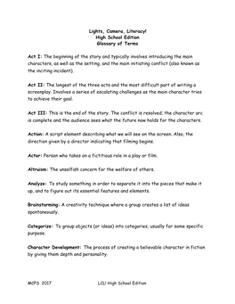 High School Edition Glossary of Terms Act I: the Beginning of the Story