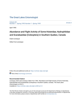 Abundance and Flight Activity of Some Histeridae, Hydrophilidae and Scarabaeidae (Coleoptera) in Southern Quebec, Canada