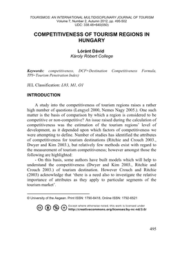Competitiveness of Tourism Regions in Hungary