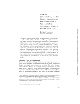 Isolation, Contamination, and Pure Culture: Monomorphism and Polymorphism of Pathogenic Micro- Organisms As Research