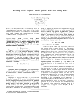 Adversary Model: Adaptive Chosen Ciphertext Attack with Timing Attack