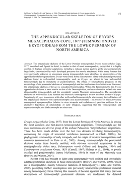 The Postcranial Skeleton of Temnospondyls and the Implications for Cladistics Are Discussed; the Appendicular Skeleton of Eryops Is Considered Hypermorphic