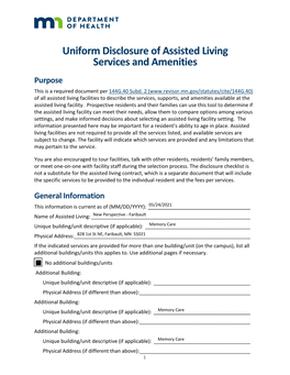 Uniform Disclosure of Assisted Living Services and Amenities Purpose This Is a Required Document Per 144G.40 Subd