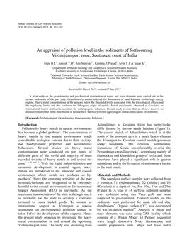 An Appraisal of Pollution Level in the Sediments of Forthcoming Vizhinjam Port Zone, Southwest Coast of India