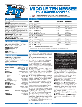 MIDDLE TENNESSEE BLUE RAIDER FOOTBALL Middle Tennessee (0-3; 0-1 C-USA) Vs WKU (0-2; 0-0 C-USA) Vs Saturday, Oct