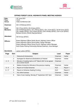 EPPING FOREST LOCAL HIGHWAYS PANEL MEETING AGENDA Page