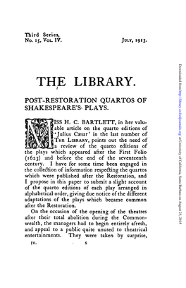 The Library. Post-Restoration Quartos of Shakespeare's^ Plays