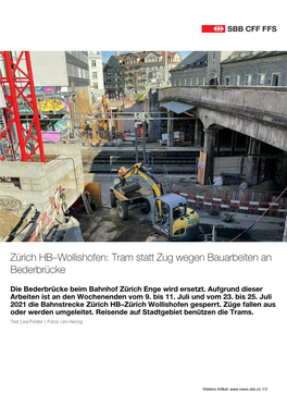 Zürich HB–Wollishofen: Tram Statt Zug Wegen Bauarbeiten an Bederbrücke | SBB News