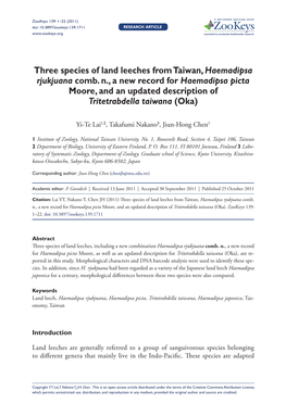 Three Species of Land Leeches from Taiwan, Haemadipsa Rjukjuana Comb. N., a New Record for Haemadipsa Picta Moore, and an Update