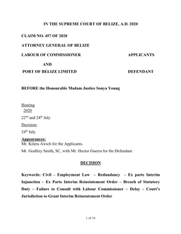 Supreme Court Claim No 457 of 2020 ATTORNEY GENERAL of BELIZE V LABOUR of COMMISSIONER