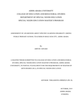 Addis Ababa University College of Education and Behavioral Studies Department of Special Needs Education Special Needs Education Master’S Program