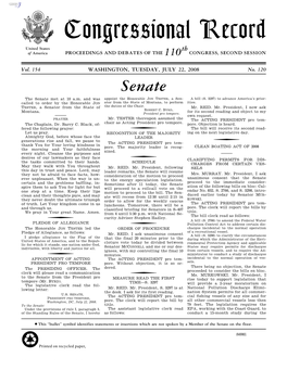 Congressional Record United States Th of America PROCEEDINGS and DEBATES of the 110 CONGRESS, SECOND SESSION