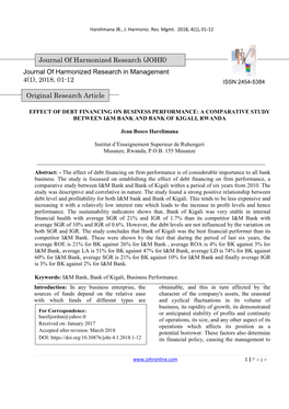 23 Effect of Debt Financing on Business Performance: a Comparative Study Between I&M Bank and Bank of Kigali, Rwanda