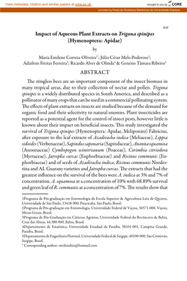 Impact of Aqueous Plant Extracts on Trigona Spinipes (Hymenoptera: Apidae)