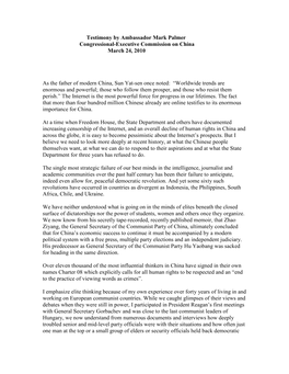 Testimony by Ambassador Mark Palmer Congressional-Executive Commission on China March 24, 2010