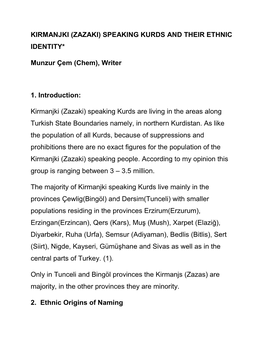 Kirmanjki (Zazaki) Speaking Kurds and Their Ethnic Identity*