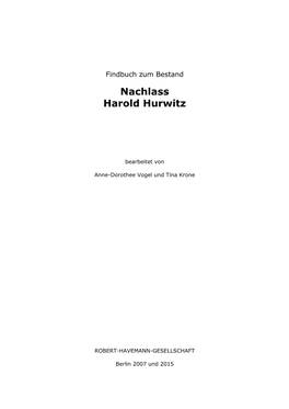 Nachlass Harold Hurwitz