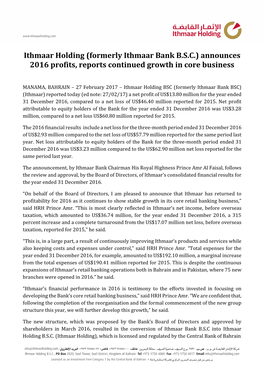 Ithmaar Holding (Formerly Ithmaar Bank B.S.C.) Announces 2016 Profits, Reports Continued Growth in Core Business