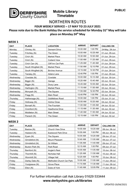 Northern Mobile Library Routes 17 May to 23 July 2021