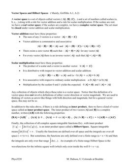 Vector Spaces and Hilbert Spaces ( Mainly, Griffiths A.1, A.2)