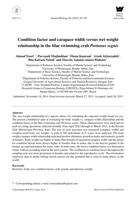 Condition Factor and Carapace Width Versus Wet Weight Relationship in the Blue Swimming Crab Portunus Segnis