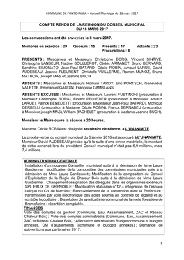 COMPTE RENDU DE LA REUNION DU CONSEIL MUNICIPAL DU 16 MARS 2017 Les Convocations Ont Été Envoyées Le 8 Mars 2017. Membres En