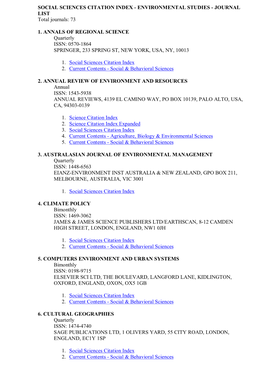 SOCIAL SCIENCES CITATION INDEX - ENVIRONMENTAL STUDIES - JOURNAL LIST Total Journals: 73