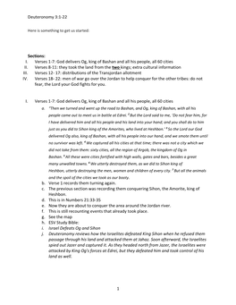 Deuteronomy 3:1-22 1 Sections: I. Verses 1-7: God Delivers Og, King of Bashan and All His People, All 60 Cities II. Verses 8-11