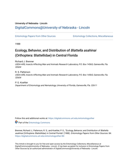 Ecology, Behavior, and Distribution of Blattella Asahinai (Orthoptera: Blattellidae) in Central Florida